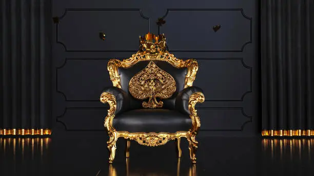 Play Card, Traditional Gold Play Card Icon Standing on Berger Sofa and Black Background, Crown of King.