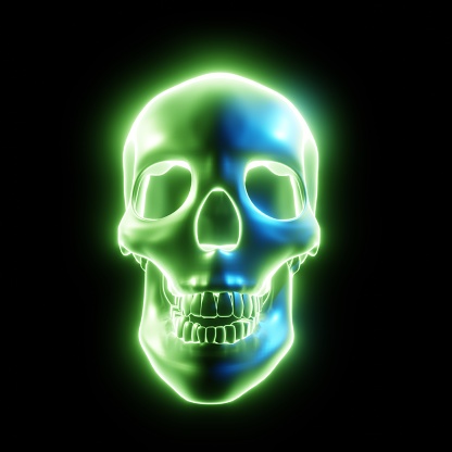 Glowing skull, multicolored, light tones of Cyberpunk or science fiction or sci-fi movie on black background. 3D Rendering.