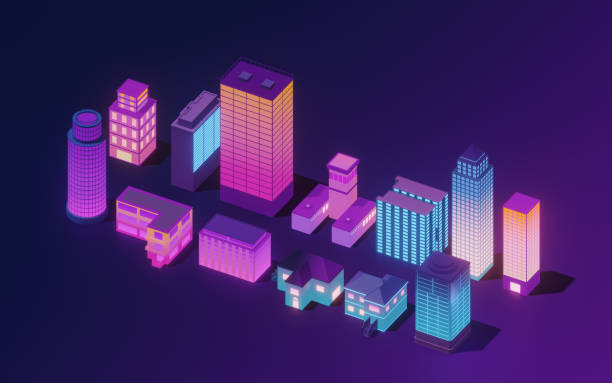 istock Downtown city, neon glowing building, 3d rendering. 1391324027