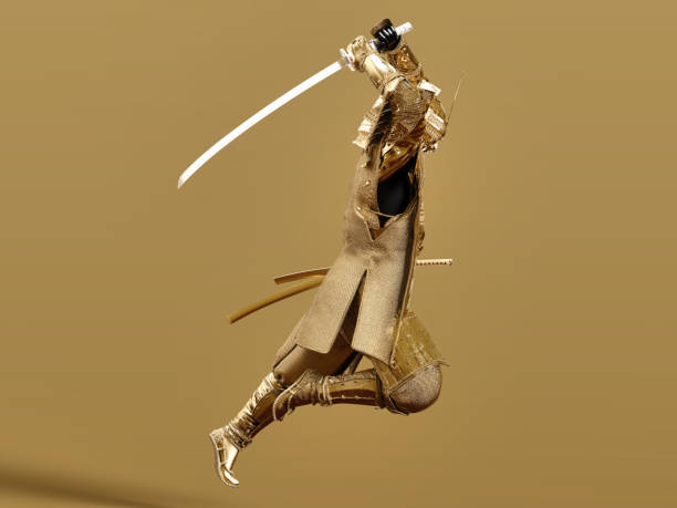 Samurai in golden armor is swinging a sword. 3D illustration.