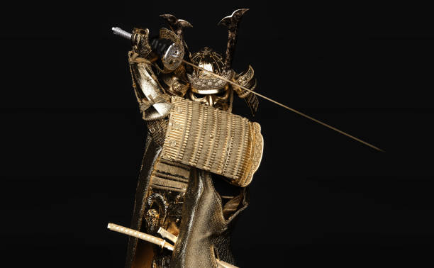 istock Samurai wearing golden armor and holding a sword.  3D illustration. 1391325042