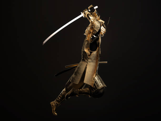 istock Samurai in golden armor is swinging a sword. 3D illustration. 1391325054