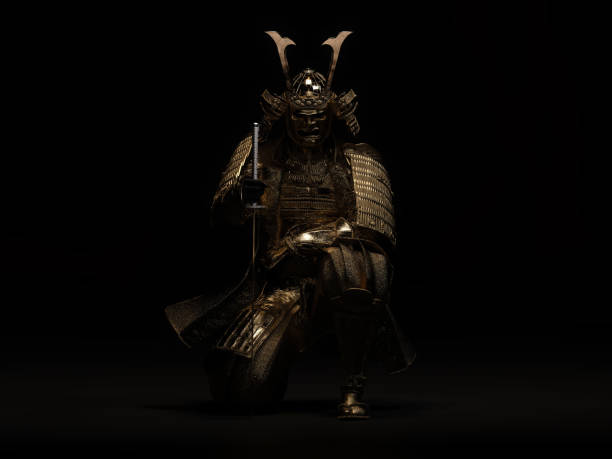istock Samurai sits on one knee, wearing golden armor. 3D illustration. 1391325062