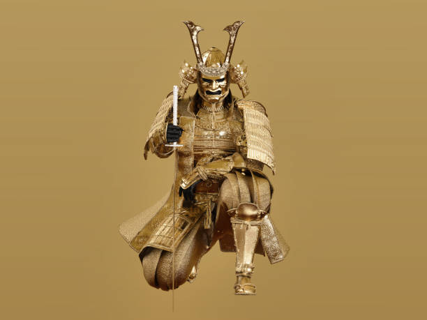 istock Samurai sits on one knee, wearing golden armor. 3D illustration. 1391325107