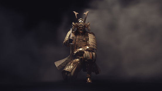Samurai sits on one knee in the smoke. 3D illustration.