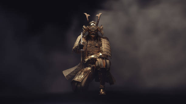 Samurai sits on one knee in the smoke. 3D illustration. Samurai sits on one knee, wearing golden armor in the smoke. 3D illustration. traditional armor stock pictures, royalty-free photos & images