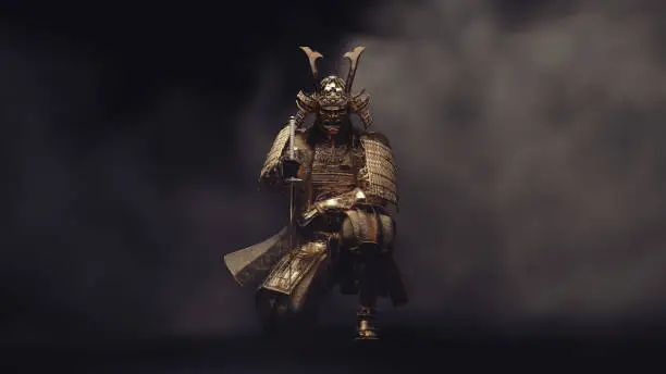 Samurai sits on one knee, wearing golden armor in the smoke. 3D illustration.