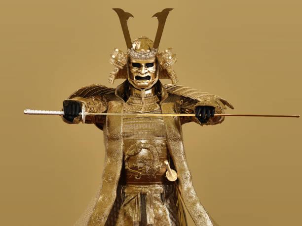 istock Samurai figure wearing gold armor and drawing a sword. 3D illustration. 1391325131