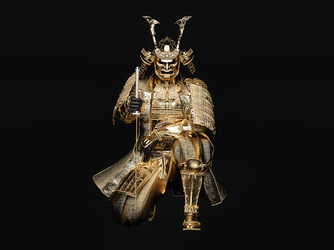 Samurai sits on one knee, wearing golden armor on dark background. 3D illustration.