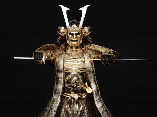 istock Samurai figure wearing gold armor and drawing a sword. 3D illustration. 1391325142