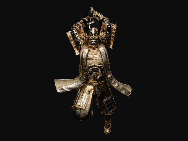 istock Samurai wearing golden armor and about to swing his sword. 3D illustration. 1391325156