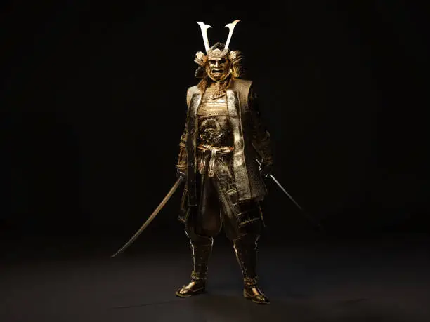 Samurai wearing golden armor and holding a sword in each hand on dark background. 3D illustration.