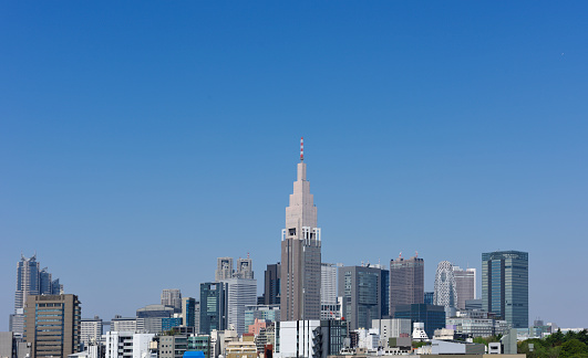 View of Tokyo Shinjuku skyline against clear sky with copy space.