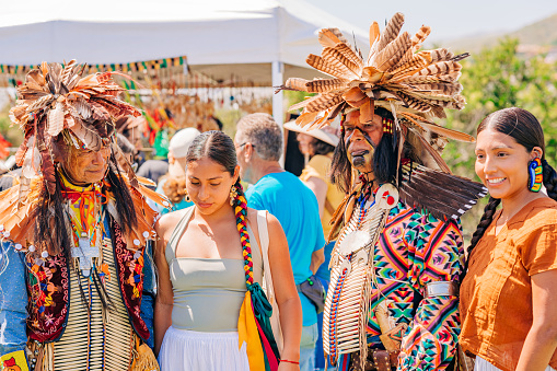 Malibu, California, USA - April 9, 2022. Powwow.  Native Americans dressed in full regalia. Chumash Day Powwow and Intertribal Gathering.