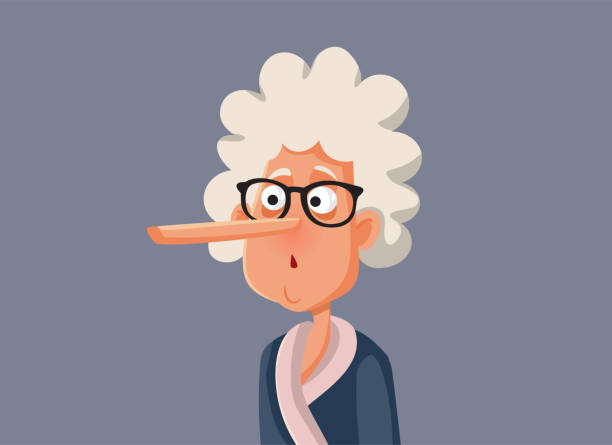 illustrazioni stock, clip art, cartoni animati e icone di tendenza di donna anziana bugiarda con naso lungo vector cartoon - naso lungo