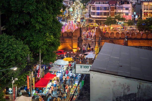 Chiang Mai Night Market Scene,   Tha Phae Gate in Chiang Mai, Thailand stock photo