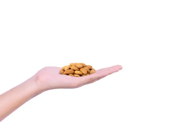 Closeup woman hand with pile of almond nuts isolated on white background.