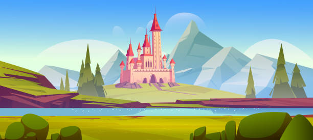 Fairy tale castle in mountain valley with river Fairy tale castle in mountain valley with river and coniferous trees. Vector cartoon illustration of summer landscape with rocks, water stream, green grass and royal palace with towers medieval background stock illustrations