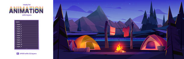 テント付きのナイトキャンプ、ゲームアニメーション用のレイヤー - キャンプ　準備点のイラスト素材／クリップアート素材／マンガ素材／アイコン素材