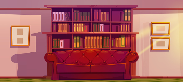 Luxury old living room or library interior with wooden bookcase, leather coach and pictures hang on wall. Place for reading with sofa and bright sunshine, athenaeum place Cartoon vector illustration