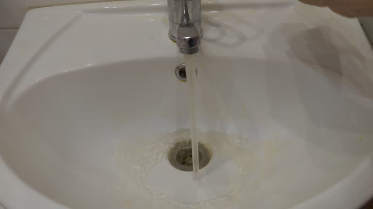 Dirty yellow water flows from the faucet into the sink. A man's hand opens a faucet with hot dirty water. Selective focus. problems with tap water in the city