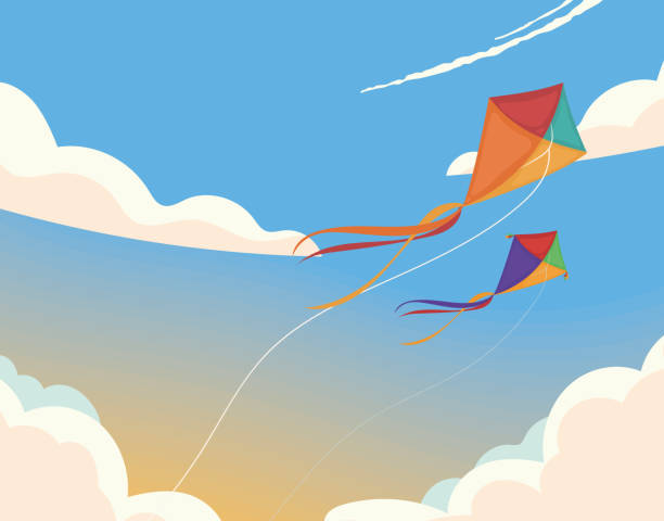 ilustrações de stock, clip art, desenhos animados e ícones de flying kites in the sky - papagaio