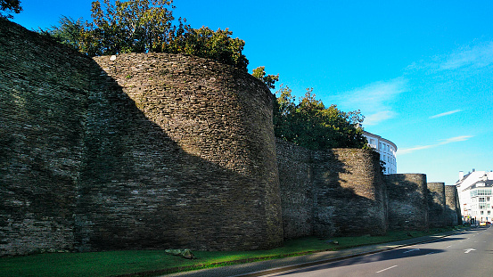 Roman stone wall 'muralla', Lugo city, Galicia, Spain. Camino de Santiago. UNESCO world heritage site both the \