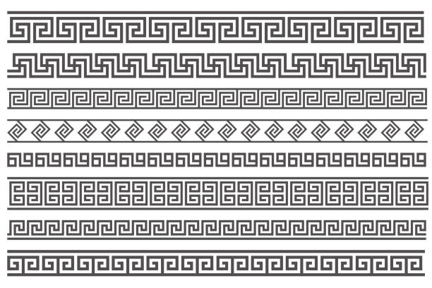 Greek style seamless frames. Geometric border set. Vector ornament pattern. Mediterranean decor elements. Greek style seamless frames. Geometric border set. Vector ornament pattern. Mediterranean decor elements black border stock illustrations