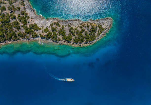 St Nicholas Church Gemiler Island Drone Photo, Fethiye Mugla, Turkey St Nicholas Church Gemiler Island Drone Photo, Fethiye Mugla, Turkey izmir stock pictures, royalty-free photos & images