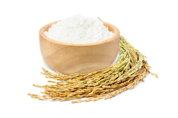 White rice powder (rice flour) White rice powder in wooden bowl and paddy ear rice isolated on white background. jasmine rice stock pictures, royalty-free photos & images