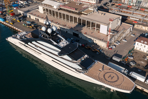 Vladivostok, Russia - April 1, 2022: The yacht NORD owned by the Russian aligarh, the owner of the company Severstal Alexei Mordashov, stands at the pier.
