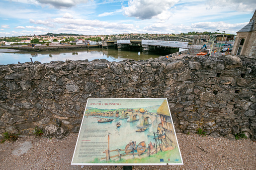 Sign on River Medway at Rochester in Kent, England, with an illustration to illustrate the bridge and river crossings in the past.