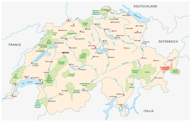 ilustraciones, imágenes clip art, dibujos animados e iconos de stock de mapa de los parques nacionales y naturales suizos - map germany topographic map vector