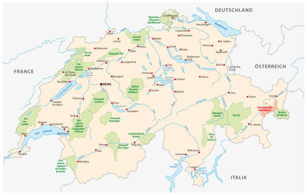 illustrazioni stock, clip art, cartoni animati e icone di tendenza di carta dei parchi nazionali e naturali svizzeri - map germany topographic map vector