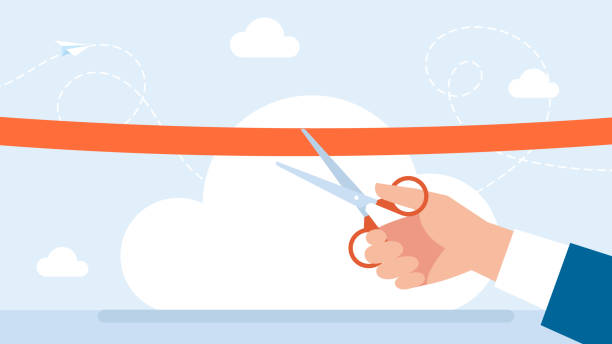 ilustrações de stock, clip art, desenhos animados e ícones de grand opening concept. the new store, website. startup. a businessman holding scissors in his hand cuts a red ribbon. the ceremony, celebration, presentation, and event. flat style illustration - business opening beginnings ribbon cutting