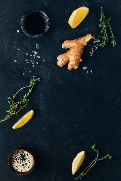 istock Thyme, ginger, lemon, soy sauce and sesame. Ingredients for cooking fish 1391354070