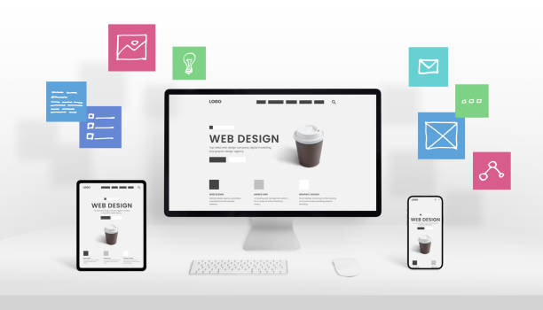 istock Web design studio and digital marketing agency concept. Responsive web page on computer, tablet and smart phone display 1391357988