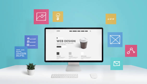 istock Website design, digital advertising agency concept with computer display and flying web page layout elements concept 1391357989