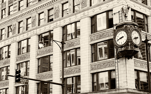 Close-up of the Jewelers Building vintage clock, Chicago.