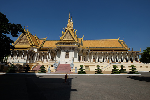 Facade of the Royal Palace in the capital city of Phnom Penh, Cambodia. A complex of buildings that serves as the royal residence of the King of Cambodia. Chanchhaya Pavilion.