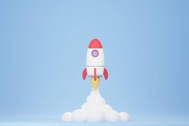 istock Cartoon rocket launch on blue background. Business startup concept. 3D illustration rendering. 1391362276