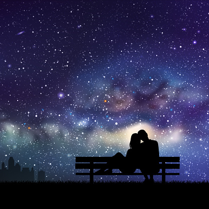 Couple silhouette at night. Milky Way at sky
