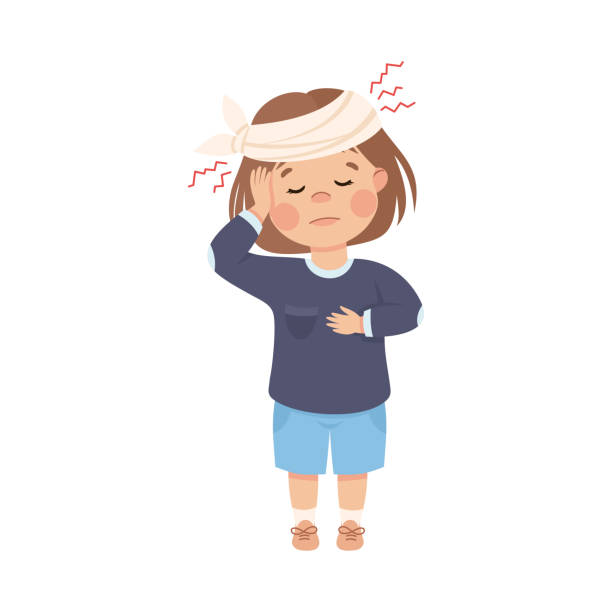 Sick Little Girl with Bandaged Head Feeling Unwell Suffering from Headache Vector Illustration Sick Little Girl with Bandaged Head Feeling Unwell Suffering from Headache Vector Illustration. Unhealthy Child Needing Medical Treatment and Cure Having Disease Symptom Concept bandage stock illustrations