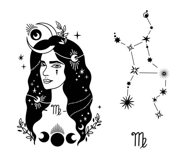 Virgo zodiac hand drawn sign isolated clipart on white, unique astrology symbol and constellation, mystical horoscope sign in black silhouette, modern vector Virgo zodiac hand drawn sign isolated clipart on white, unique astrology symbol and constellation, mystical horoscope sign in black silhouette, modern vector art virgo stock illustrations