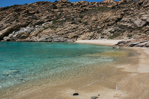 View of the paradisiac turquoise and sandy beach of Pikri Nero in Ios Greece