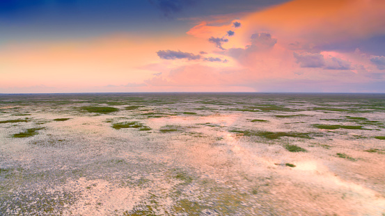 Aerial view of Everglades National Park with river in foreground during sunset in Florida, USA.