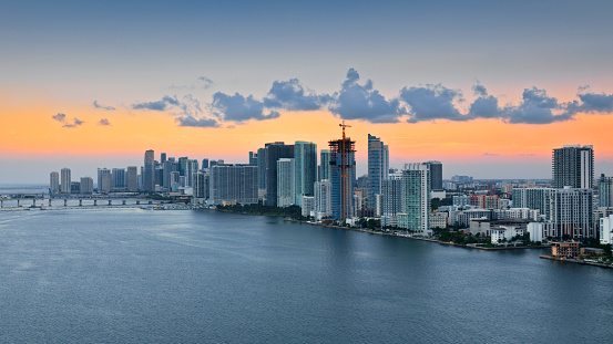 Aerial view of downtown Miami from Edgewater neighbourhood during sunset in Florida, USA.
