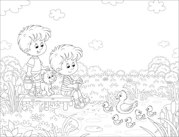 Vector illustration of Little boys with a pup feeding small ducklings