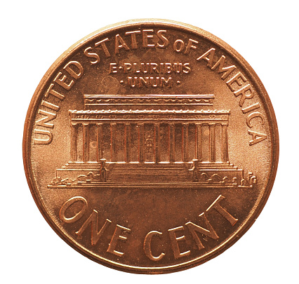 one cent coin aka penny, reverse side showing Lincoln memorial, currency of the United States isolated over white background