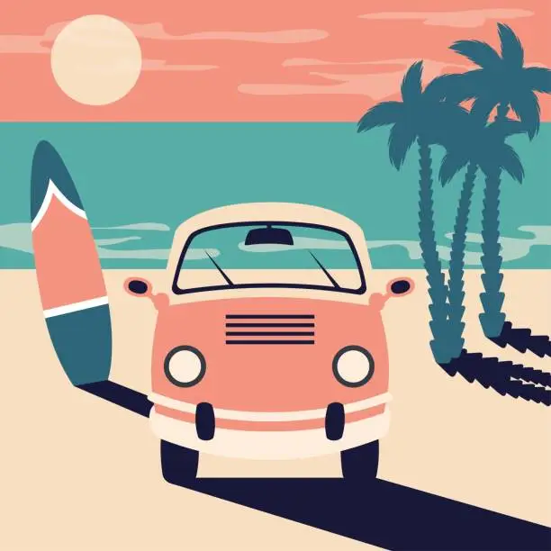 Vector illustration of Family car trip. Bus camper with surfboard on beach. Retro Summer beach background with tropical palms, ocean. Travel by minibus concept. Vector vintage flat illustration